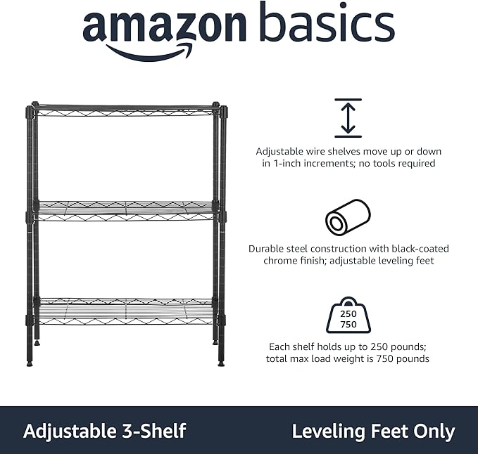 Amazon Basics 3-Shelf Adjustable Heavy Duty Steel Wire Rack Storage Shelving Organizer with Storage Space, Versatility and Ease of Use for Kitchen, Garage, 23.2" L x 13.4" W x 30" H, Black - Image 4