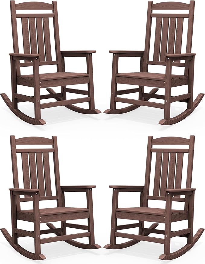 SERWALL HDPE Outdoor Rocking Chair Set of 4, Oversized Patio Rocking Chairs, All-Weather Porch Rockers for Adults, Coffee by SERWALL