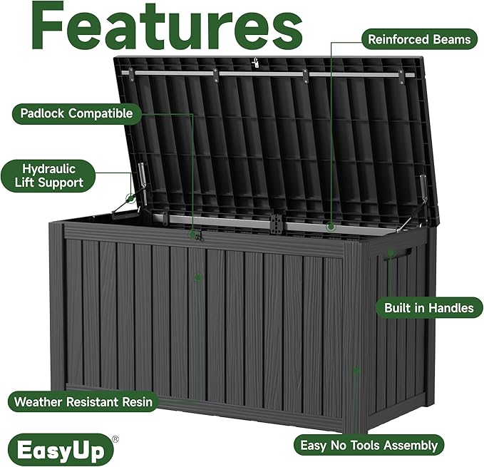 EasyUp 180 Gallon Outdoor Storage Box, Resin Waterproof UV-Resistant Deck Box with Hydraulic Lid Support, Reinforced Stability for Patio, Garden, and Poolside, Black - Image 3