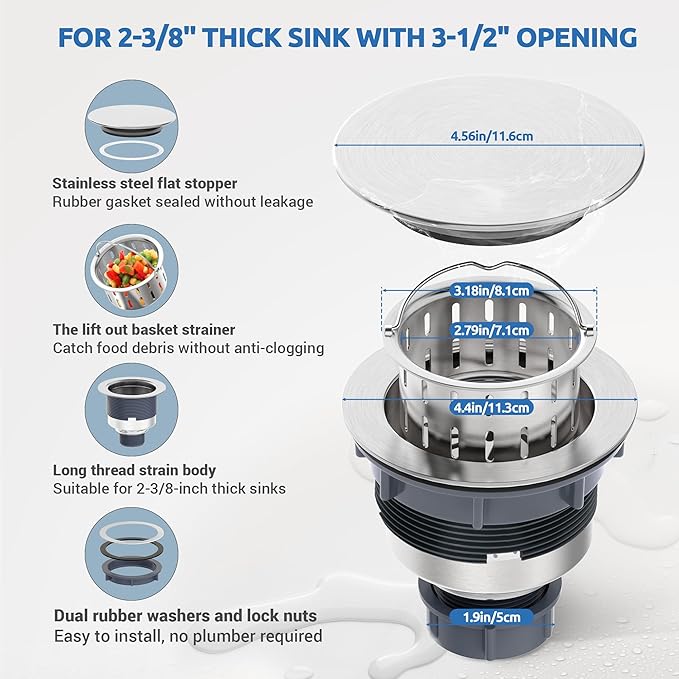 BOTEMY Stainless Steel Sink Drain Strainer 3-1/2 Inch Kitchen Sink Drain - Image 6
