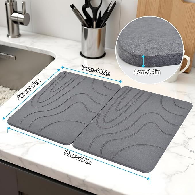 Stone Drying Mat for Kitchen Counter, 2 Pack 16''x12'' Quick Dish Drying Stone - Image 3