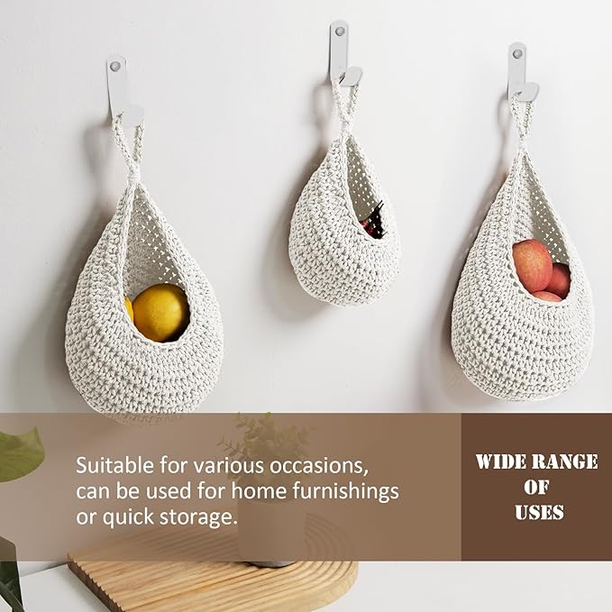 Hanging Fruit Basket Set of 3, Boho Wall Hanging Storage Basket - Image 6