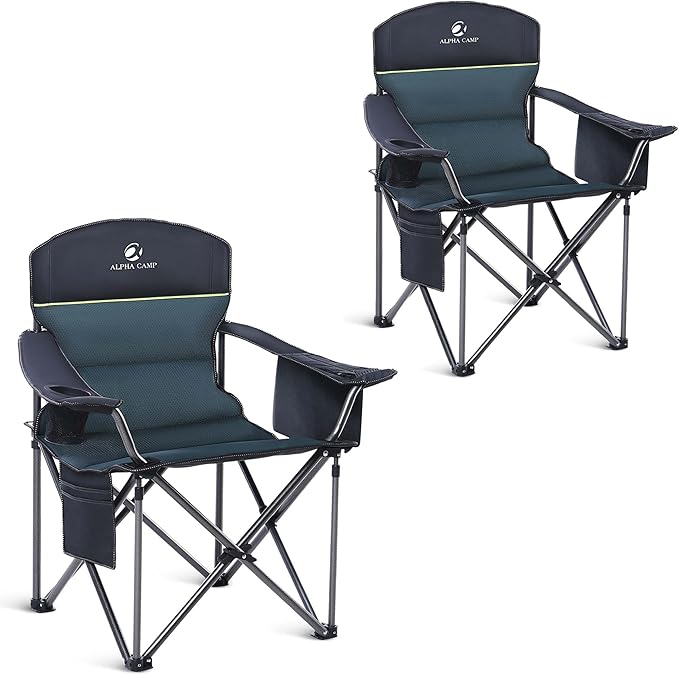 ALPHA CAMP Heavy Duty Camping Chair 500LBS Capacity, Oversized Folding Chair for Heavy People, Padded Portable Outdoor Chair with Cooler Bag & Cup Holder for Camping, Fishing, Beach by ALPHACAMP