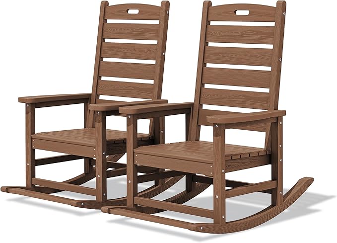 SERWALL Outdoor Rocking Chair Set of 2, Oversized Rocking Chair with Footboard for Adults, HDPE All Weather Resistant Rocking Chairs for Patio, 350lbs Weight Capacity, Brown by SERWALL