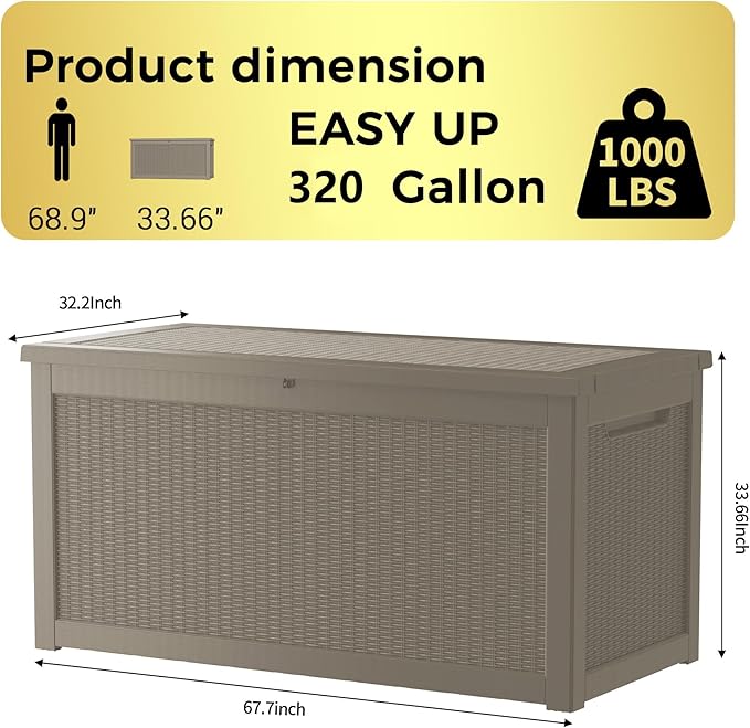 TARKARI 320 Gallon Lockable Resin Deck Box, Waterproof & UV-Resistant Outdoor Storage Box for Outdoor Cushion Storage, Garden Tools & Pool Accessories Storage, Gray - Image 2