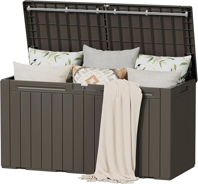 Flamaker Resin Deck Box 100 Gallon Large Lockable Outdoor Storage Box Waterproof for Patio Cushions, Tools, Pool Accessories (Deep Brown) by Flamaker