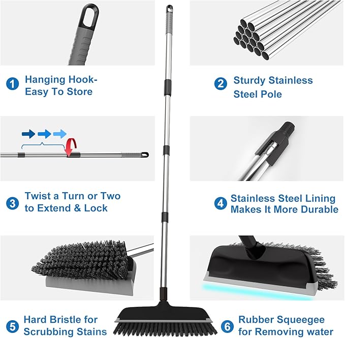 ITTAR Floor Scrub Brush with 55" Long Handle, Stainsless Steel Pole Heavy-Duty - Image 4