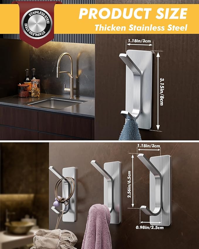 Auxmir Self Adhesive Hooks for Hanging 15lb, Stainless Steel Wall Hooks for - Image 8