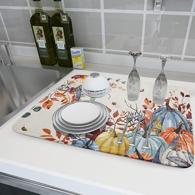 Giwawa Fall Dish Drying Mat for Kitchen Countertop, Watercolor Autumn Teal Blue - Image 6