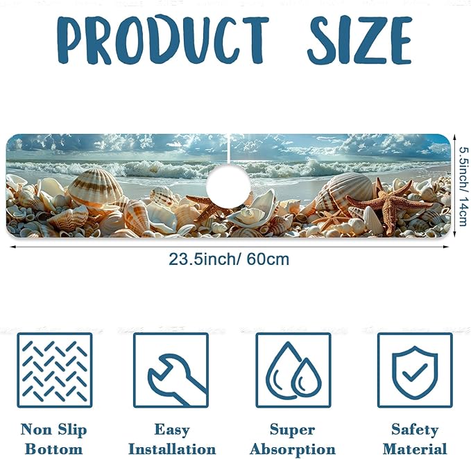 Beach Sink Splash Guard Shells Starfish Waves Faucet Absorbing Mat Fast Drying - Image 2