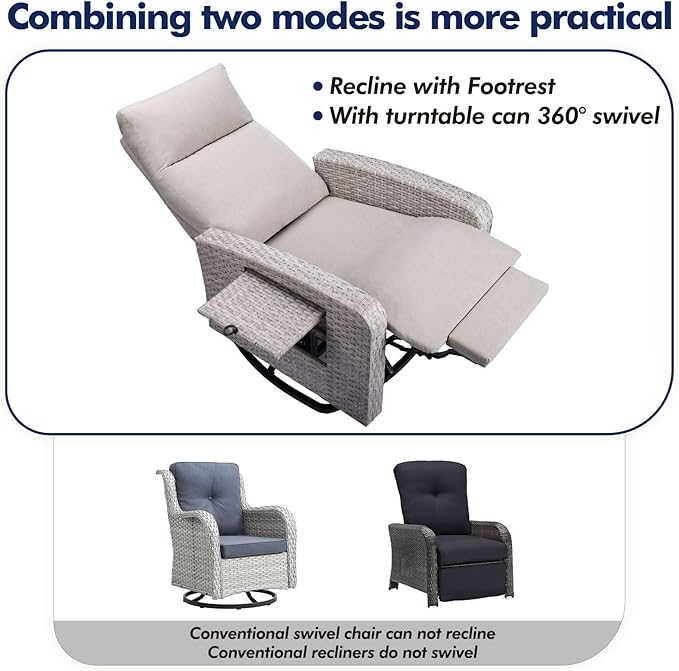 Outdoor Recliner Chair Set of 2, Wicker Patio Recliners with Adjustable Backrest and Extended Foot Rest, Reclining Patio Chairs with Flip Table & Removable Cushion Cover for Porch - Image 6