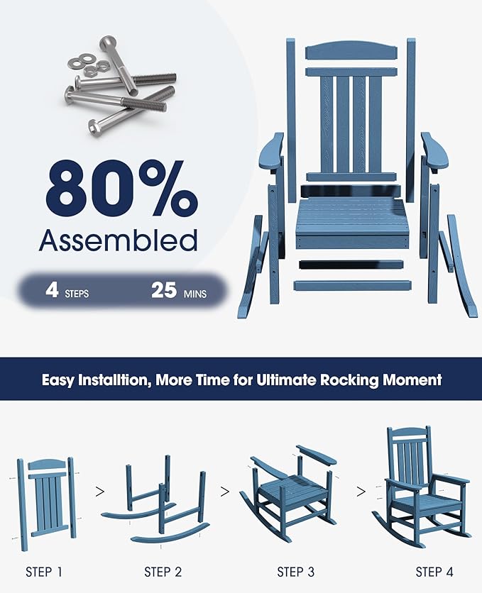 KINGYES HDPE Outdoor Rocking Chair, Widened Seat Patio Rocking Chair, Oversized All Weather Patio Rocker, Navy - Image 8