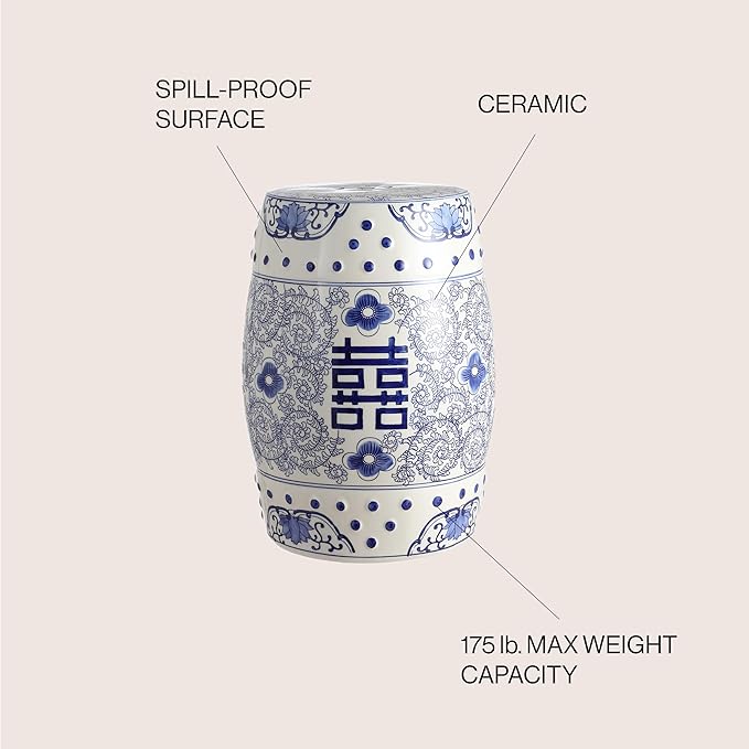 JONATHAN Y TBL1013A Double Happiness 18" Chinoiserie Ceramic Drum Indoor/Outdoor Garden Stool Bohemian, Coastal, Classic, Cottage, French Country, Traditional, Bathroom, Garden Room, Patio, Blue/White - Image 5
