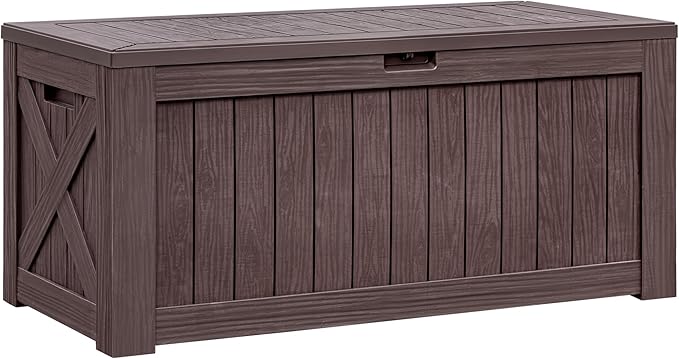 Flamaker Resin Deck Box 120 Gallon Waterproof Large Outdoor Indoor Storage Box Imitation Wood Resin for Patio Furniture Garden Tools and Pool (Deep Brown) by Flamaker