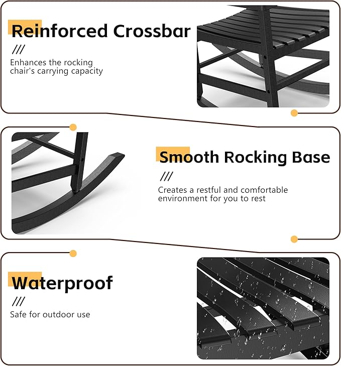 Patio Rocking Chair Outdoor Set of 1,Weather Resistant Poly Resin Oversized Porch Rocker,High Back Smooth Design,350lb Weight Capacity,Indoor Outdoor Use - Image 4