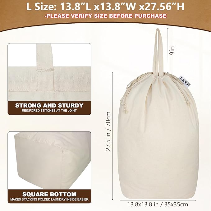Canvas Laundry Bags with Handles & Square Base 13.8"Lx13.8"Wx27.6"H, Large - Image 3