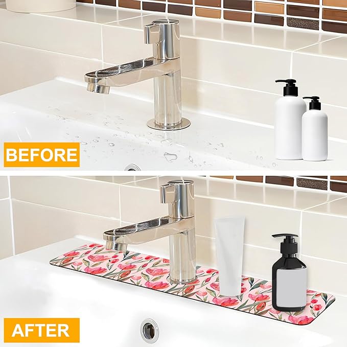 2 Pack Watercolor Tulips Sink Faucet Absorbing Mat Pink Tulips Super Absorbent - Image 6