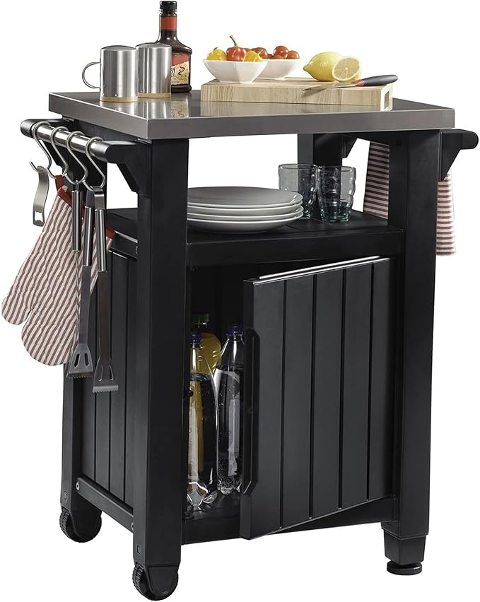 Keter Unity Small 40 Gallon Grill Prep Table and Storage Cart, Grey – BBQ Station with Wheels and Stainless Steel Top, Portable Serving Stand for Patio, Deck, and Backyard - Image 6