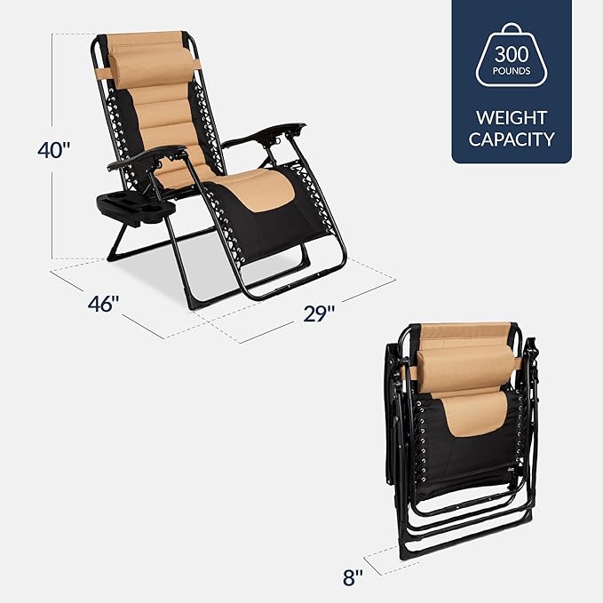 Best Choice Products Oversized Padded Zero Gravity Chair, Folding Outdoor Patio Recliner, XL Anti Gravity Lounger for Backyard w/Headrest, Cup Holder, Side Tray, Polyester Mesh - Tan - Image 2