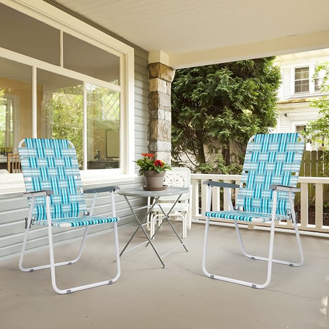 VINGLI Patio Lawn Webbed Folding Chairs Set of 4, Outdoor Beach Chair Portable Dining Chair for Outdoor Yard, Garden (White & Blue, Classic) - Image 6
