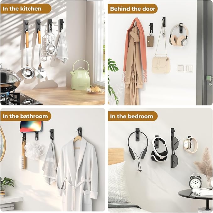 Black 6 Pack Aluminum Coat Hooks, Heavy Duty Self Adhesive Hooks - Image 8