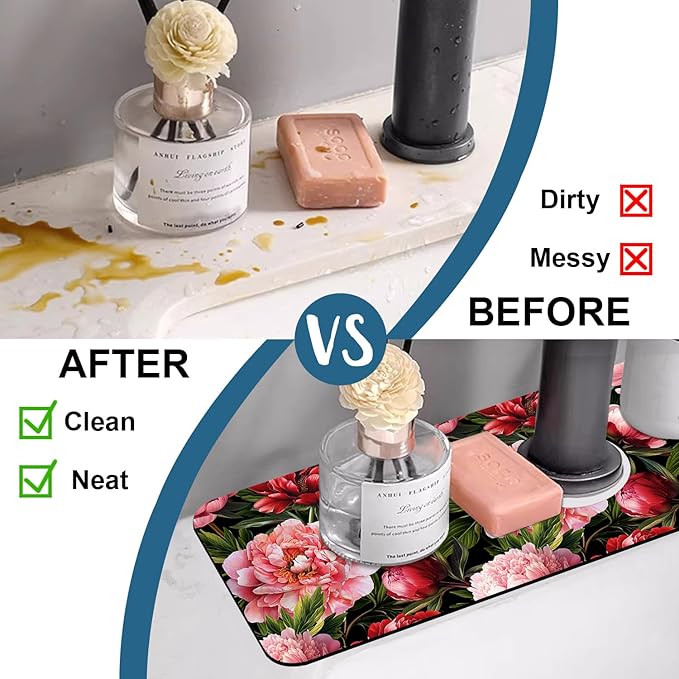Blooming Peony Kitchen Sink Splash Guard Faucet Mat Pink Peony Flowers Super - Image 6