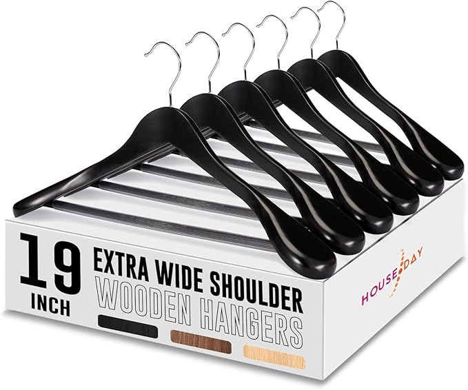 HOUSE DAY 19'' Extra Wide Shoulder Wooden Hangers 6 Pack, Premium Large Wood by HOUSEDAY
