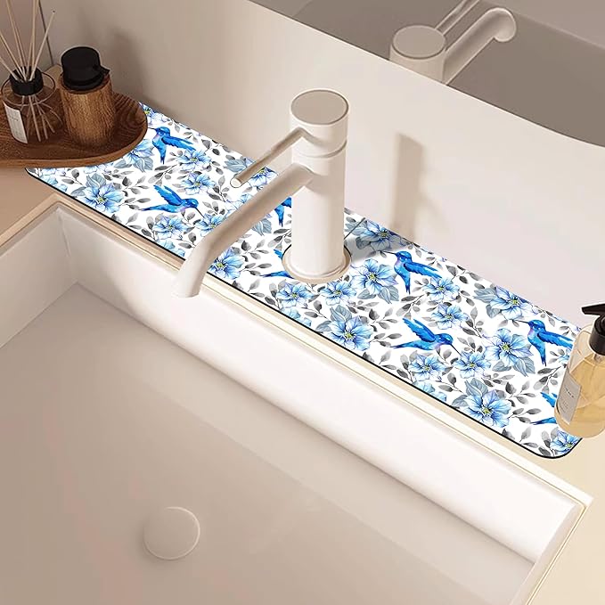 Kitchen Sink Splash Guard Faucet Mat Blue Floral and Hummingbird Absorbent Fast - Image 2