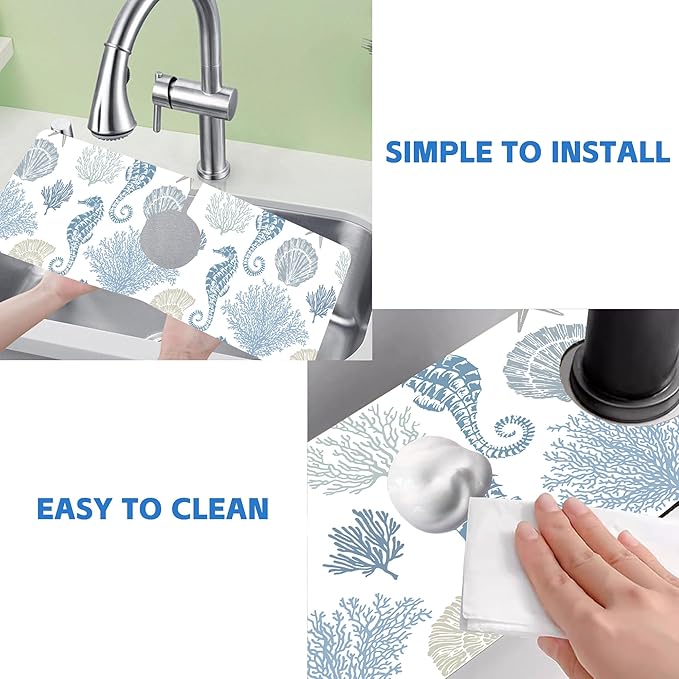 Marine Seashell Seahorse Coral Kitchen Sink Splash Guard Mat Absorbent Fast - Image 5