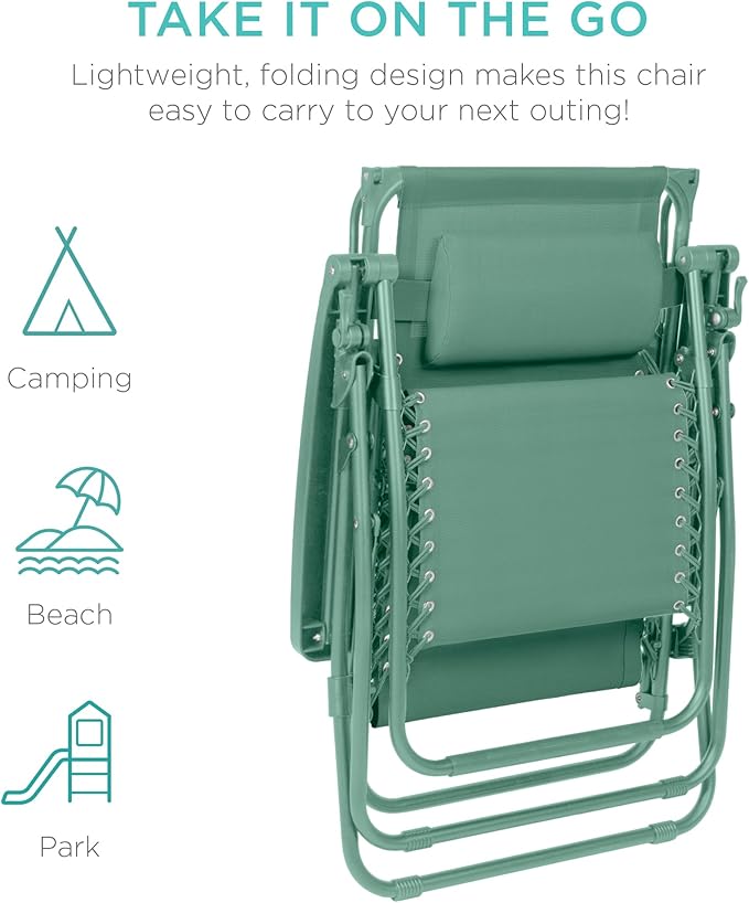 Best Choice Products Folding Zero Gravity Outdoor Recliner Patio Lounge Chair w/Adjustable Canopy Shade, Headrest, Side Accessory Tray, Textilene Mesh - Seafoam - Image 7