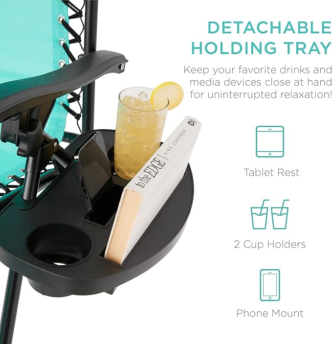 Best Choice Products Set of 2 Adjustable Steel Mesh Zero Gravity Lounge Chair Recliners w/Pillows and Cup Holder Trays - Mint - Image 6