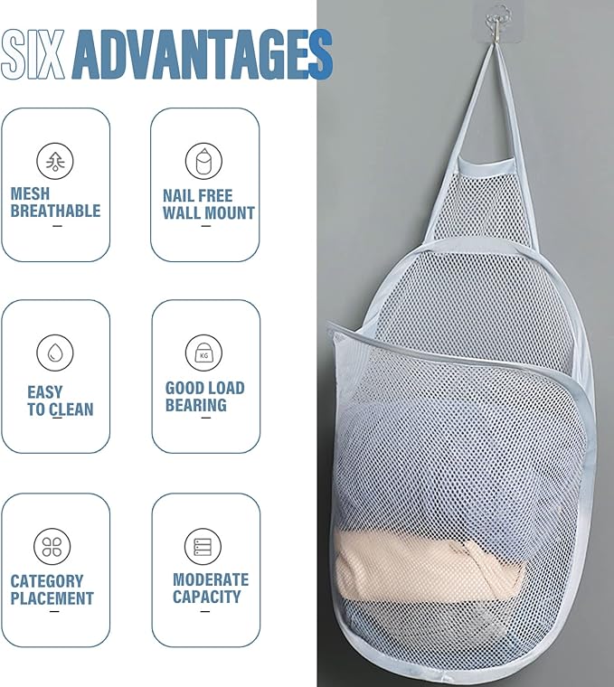 3 Pieces Hanging Laundry Hamper Foldable Mesh Hamper Dirty Cloth Basket - Image 2