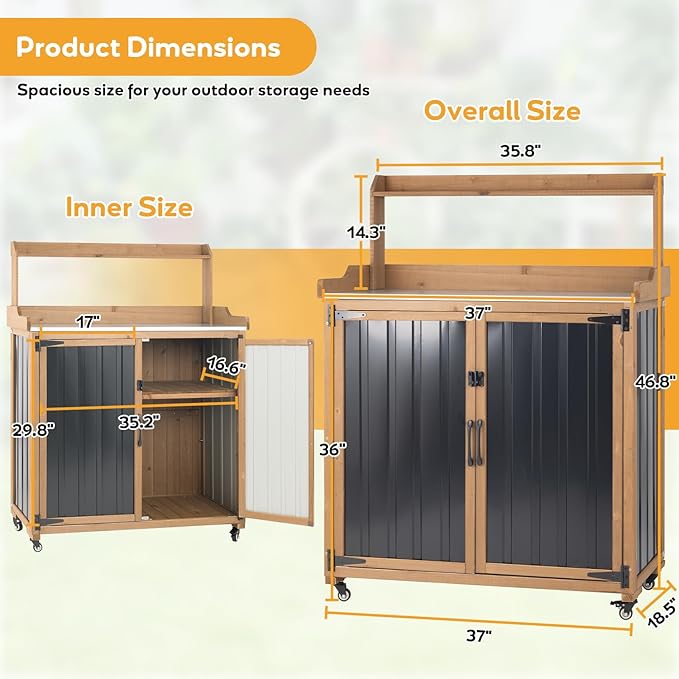 Potting Bench Table & Outdoor Storage Cabinet with Lockable Wheels, Adjustable Shelves, Mobile Waterproof Metal Top Workstation for Garden Patio BBQ Organization, Magnetic Latch & Edge Guard - Image 2