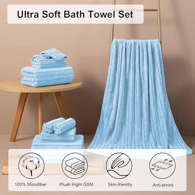 4 Piece Blue Cabana Stripe Large Bath Towels 35"x70" Oversized Bath Sheet Super - Image 2