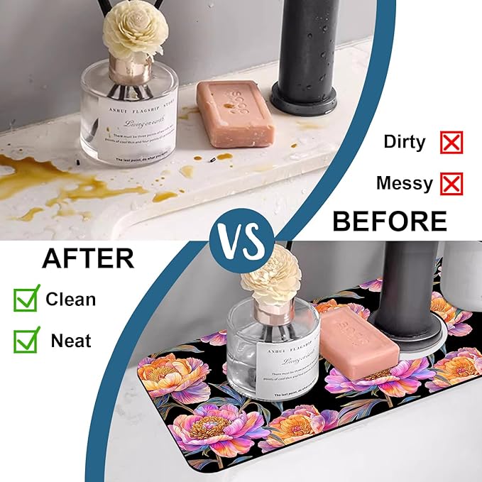 Colorful Peonies Sink Splash Guard Blooming Peonies Faucet Absorbing Mat Fast - Image 6