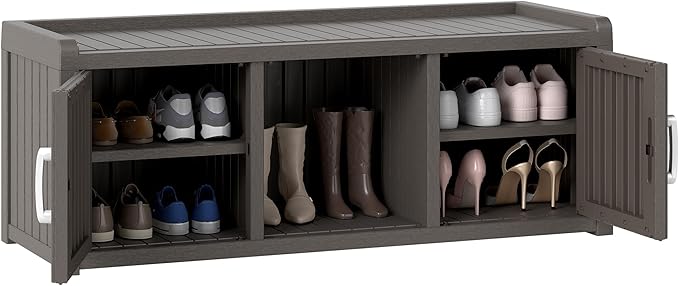 2-Tier Storage Bench, Waterproof UV-Resistant Outdoor Shoe Storage Cabinet with 2 Doors & Adjustable Shelves for Indoor Outdoor Entryway, Hallway, Living Room(Grey) by NBYSGO