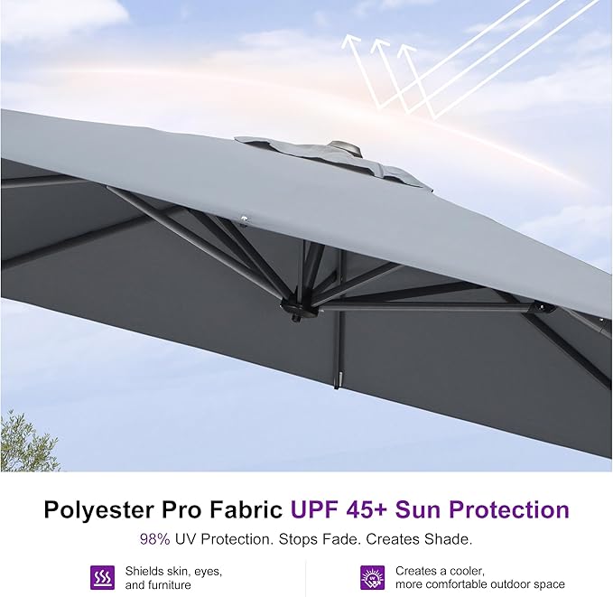 PURPLE LEAF 9 Feet Patio Umbrella with Base Outdoor Cantilever Square Umbrella Aluminum Offset Umbrella with 360-degree Rotation for Garden Deck Pool Patio Light Grey - Image 6