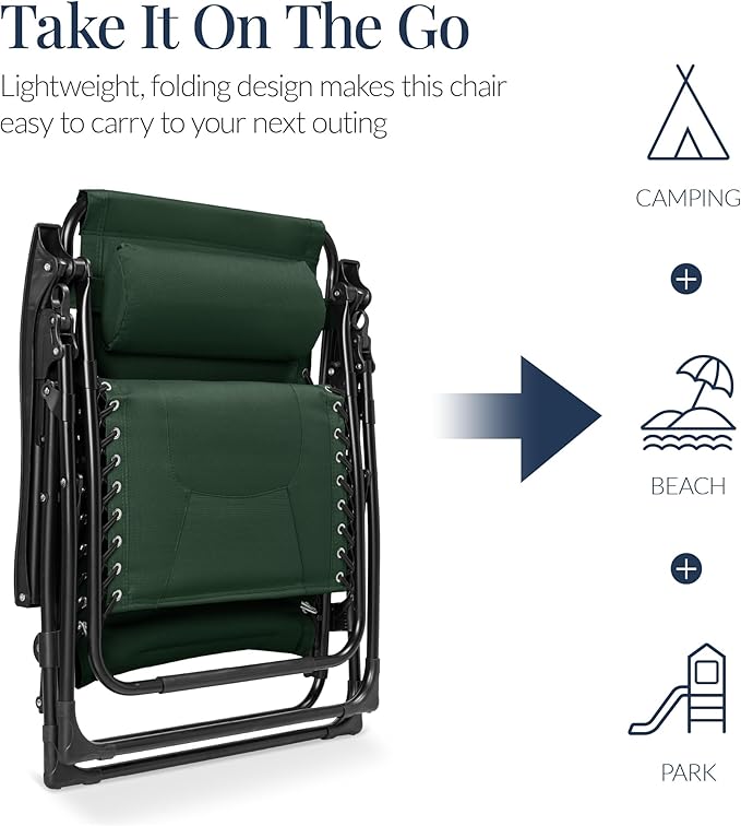 Best Choice Products Oversized Padded Zero Gravity Chair, Folding Outdoor Patio Recliner, XL Anti Gravity Lounger for Backyard w/Headrest, Cup Holder, Side Tray, Polyester Mesh - Forest Green - Image 5