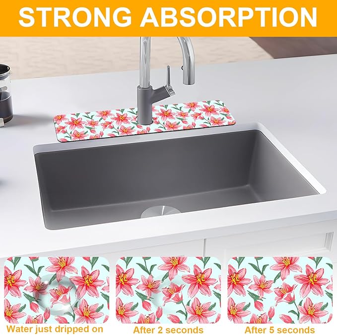 2 Pack Vintage Flowers Leaves Sink Faucet Absorbing Mat Colorful Llilies Super - Image 5