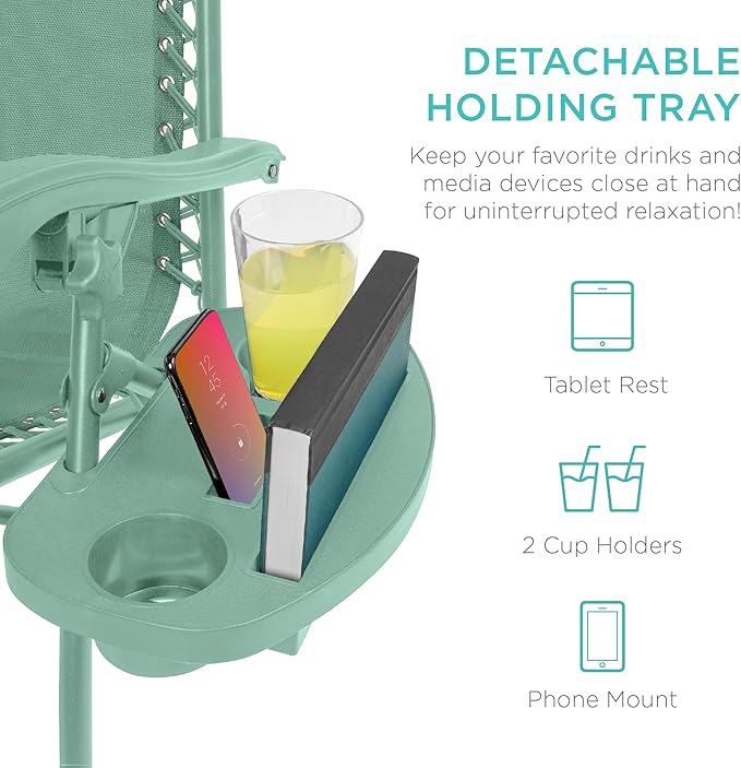 Best Choice Products Set of 2 Adjustable Steel Mesh Zero Gravity Lounge Chair Recliners w/Pillows and Cup Holder Trays - Seafoam - Image 5