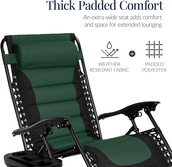 Best Choice Products Oversized Padded Zero Gravity Chair, Folding Outdoor Patio Recliner, XL Anti Gravity Lounger for Backyard w/Headrest, Cup Holder, Side Tray, Polyester Mesh - Forest Green - Image 6