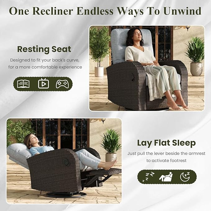 LayinSun Oversized Wicker Outdoor Swivel Glider Recliner with Adjustable Backrest & Footrest, Patio Reclining Lounge Chair - Set of 2 - Image 5