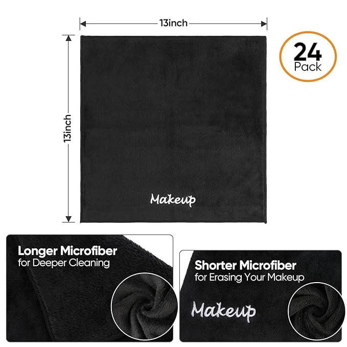 Makeup Remover Cloth, 24 Pack Black Facial Wash Cloths, Soft Coral Fleece - Image 4