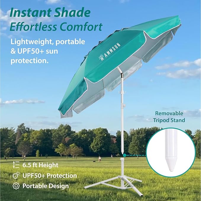 AMMSUN Shade Umbrella, Premium Portable Umbrella with Stand, 6.5ft Lightweight Free Standing Canopy for Sporting Games, Adjustable Instant Sun Protection and Easy to Carry, Turquoise - Image 3