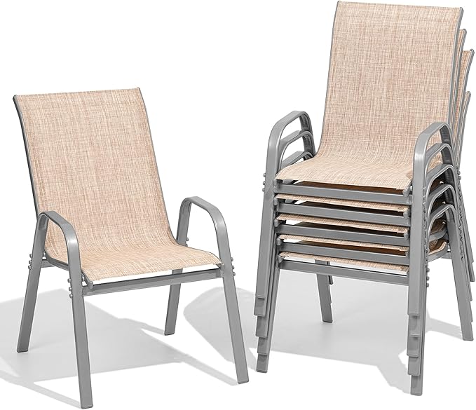 Patio Chairs Set of 6, Easily Set Up Stackable Outdoor Dining Chairs with High Back and Wide Seat, All Weather Breathable Outdoor Chairs Set of 6 with Metal Frame for Backyard Deck Pool, Beige by Dovov