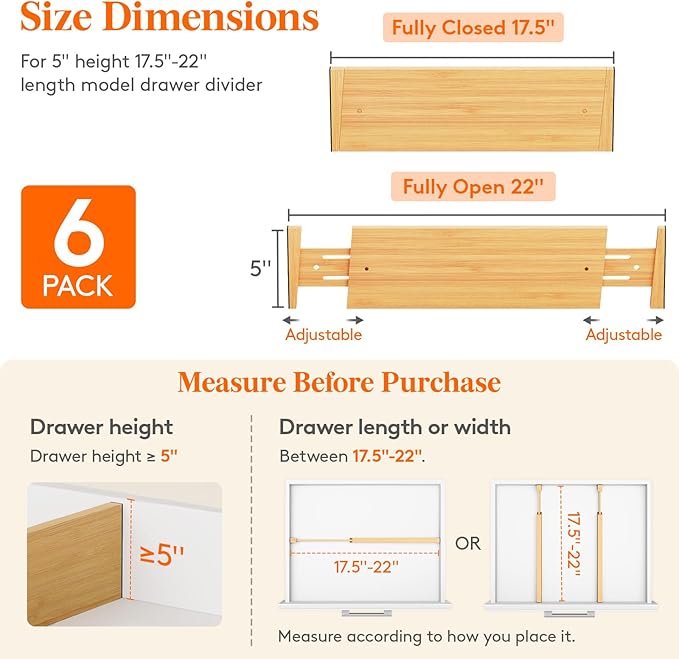 Lifewit 5" High 6 Pack Bamboo Drawer Dividers 45-55cm/17.5-22" Adjustable - Image 2