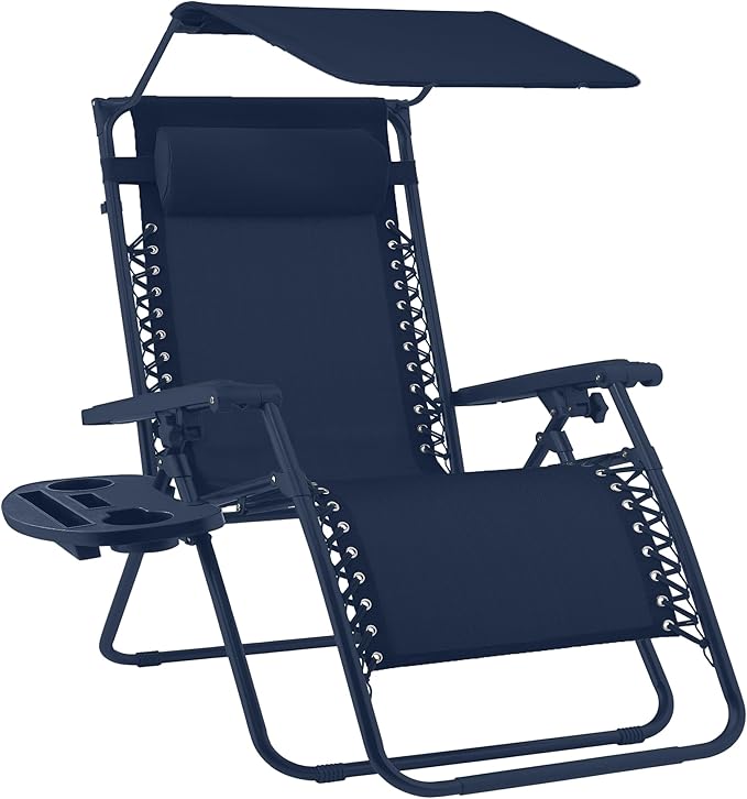 Best Choice Products Folding Zero Gravity Outdoor Recliner Patio Lounge Chair w/Adjustable Canopy Shade, Headrest, Side Accessory Tray, Textilene Mesh - Navy by BestChoiceProducts