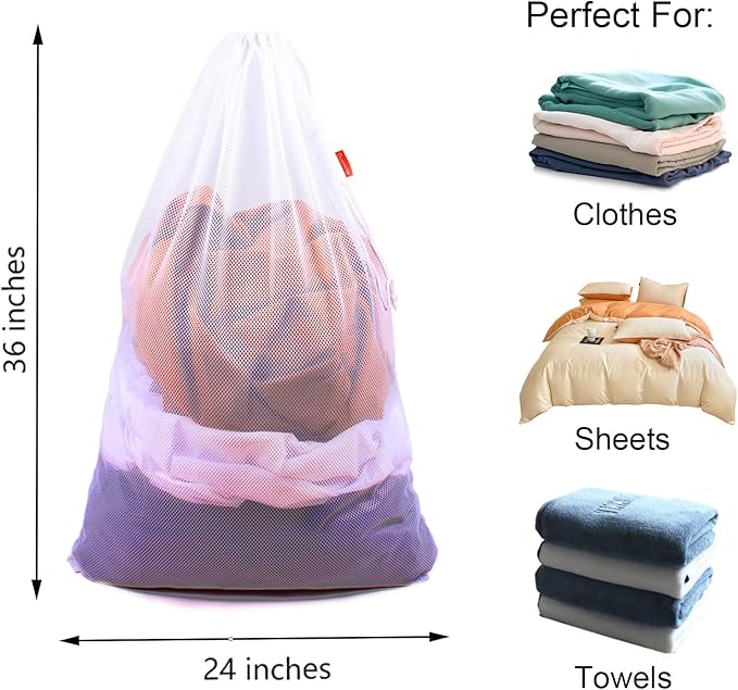 2 Pack Mesh Laundry Bags, 24 x 36 Inches Heavy Duty Drawstring Bag, Travel and - Image 2