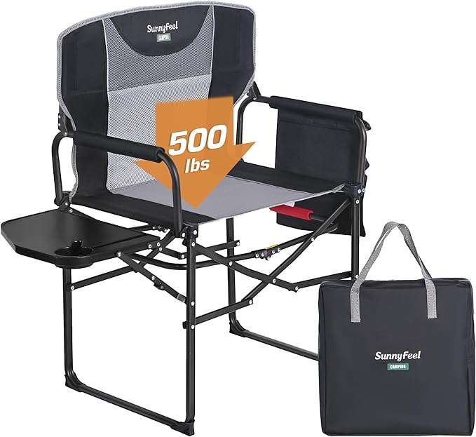 SUNNYFEEL Oversized Camping Directors Chair 500 LBS Heavy Duty, Portable Folding Chair with Side Table, Pocket for Beach, Fishing,Trip,Picnic,Lawn,Concert Outdoor Foldable Camp Chairs by SunnyFeelCamping