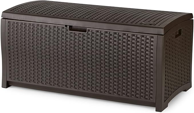 Suncast Outdoor Storage Box - 73 Gallon Mocha Brown Deck Box for Patio, Waterproof Outdoor Storage Bench, Resin Wicker Style, Heavy-Duty, Lockable Lid for Cushions, Shoes, Pool & Garden Gear by Suncast